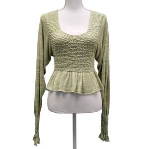 Free People Peplum Top Women's XS Green Free Spirit Long Sleeve Smocked Boho